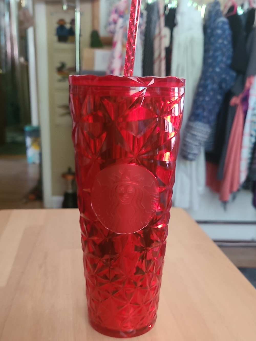 Starbucks Red Faceted Cold Cup with Matching Straw